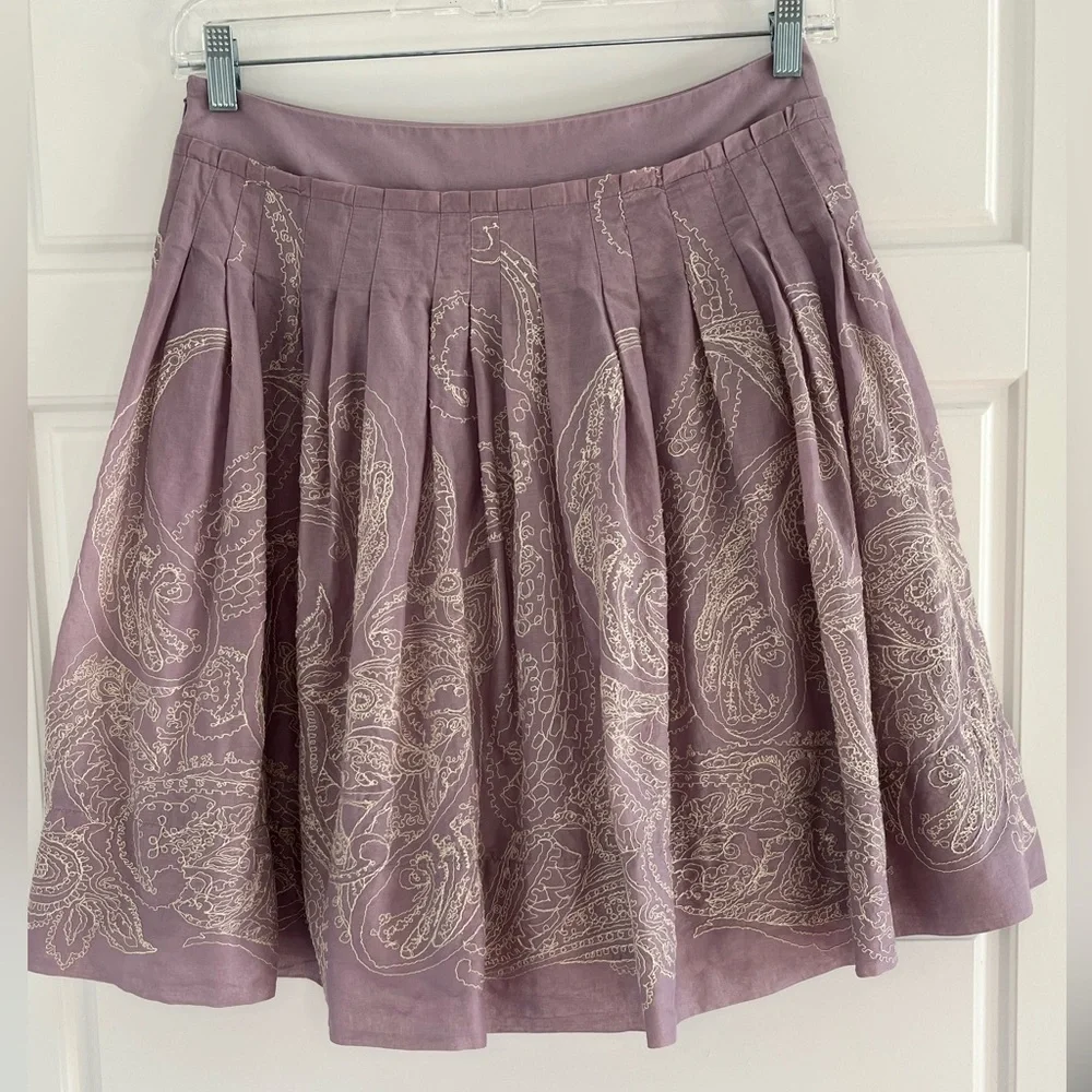 Talbots Lavender Paisley Embroidered Pleated Cotton Lined Full Skirt Size 8P